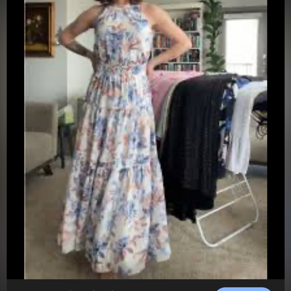 JAPNA Maxi Dress White Blue Pink Floral Halter Style Full Skirt Women’s Sz M